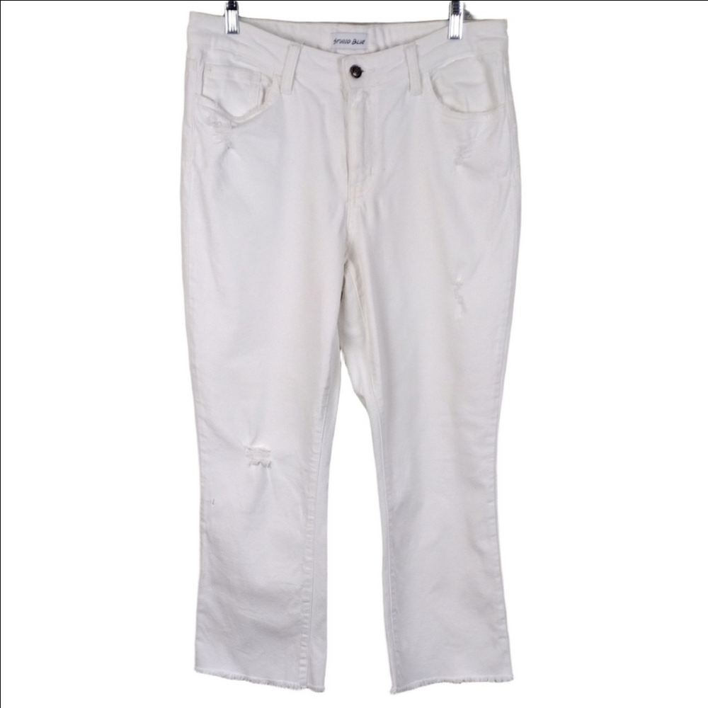Studio Blue White Distressed High Rise Zip Up Raw Hem Straight Leg Color Jean